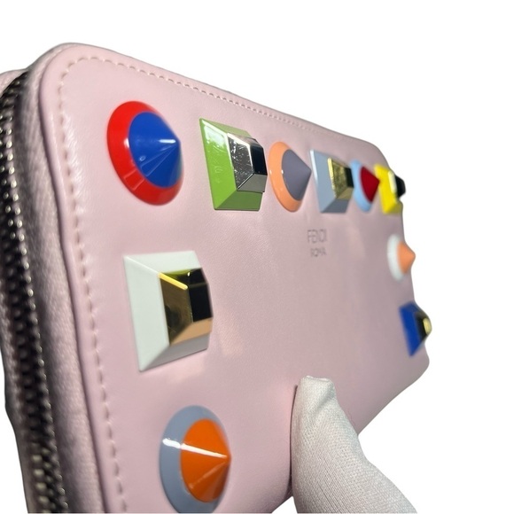 Fendi Leather Multicolor Rainbow Studded Zip Around Wallet in Santa Barbara pink - Picture 3 of 16